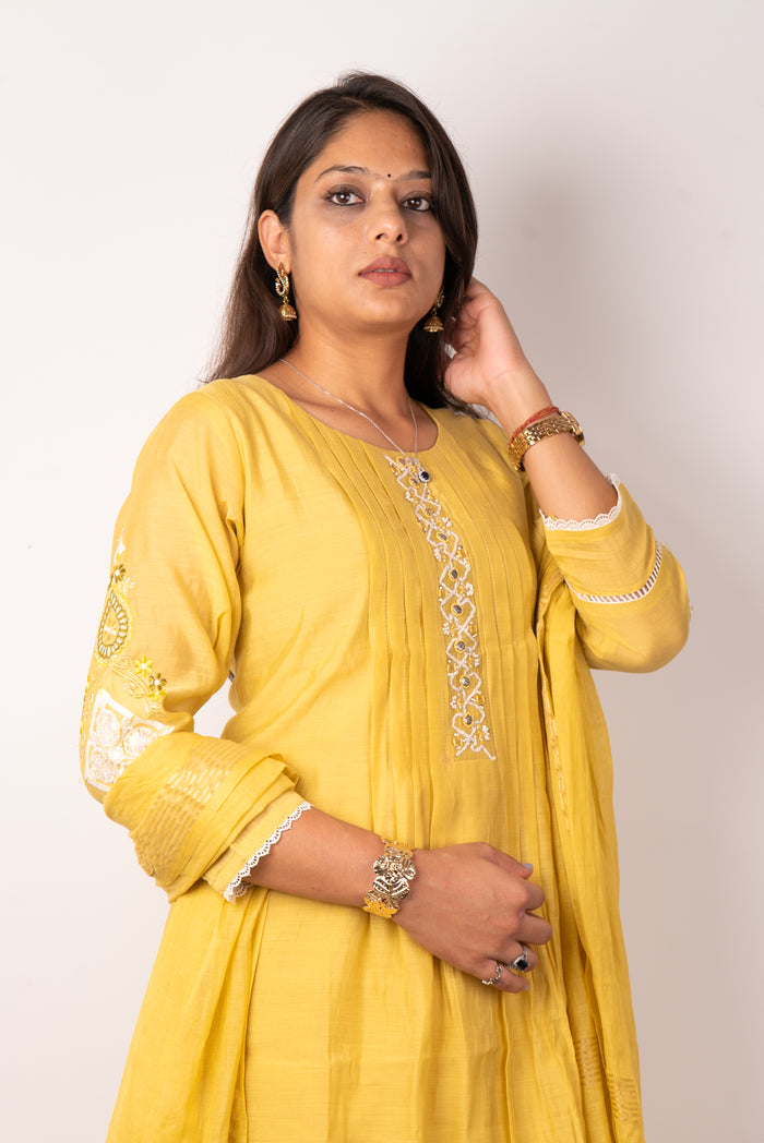 Mustard Pintuck Kurta Set with Mirror-Work Placket
