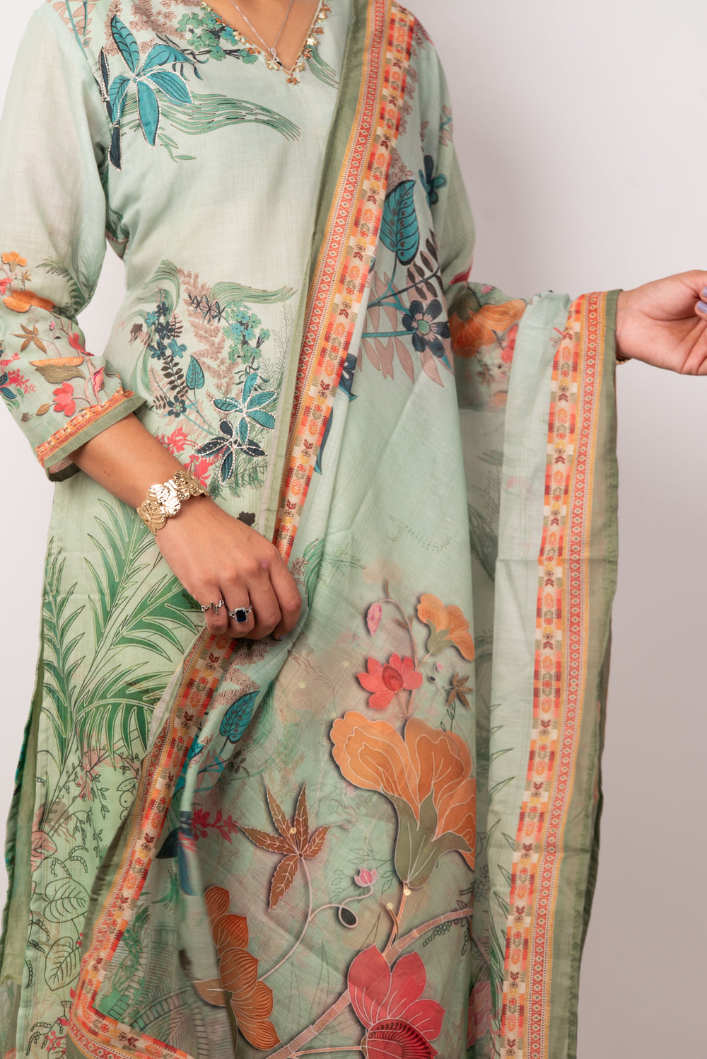 Sage Green Botanical Print Kurta Set