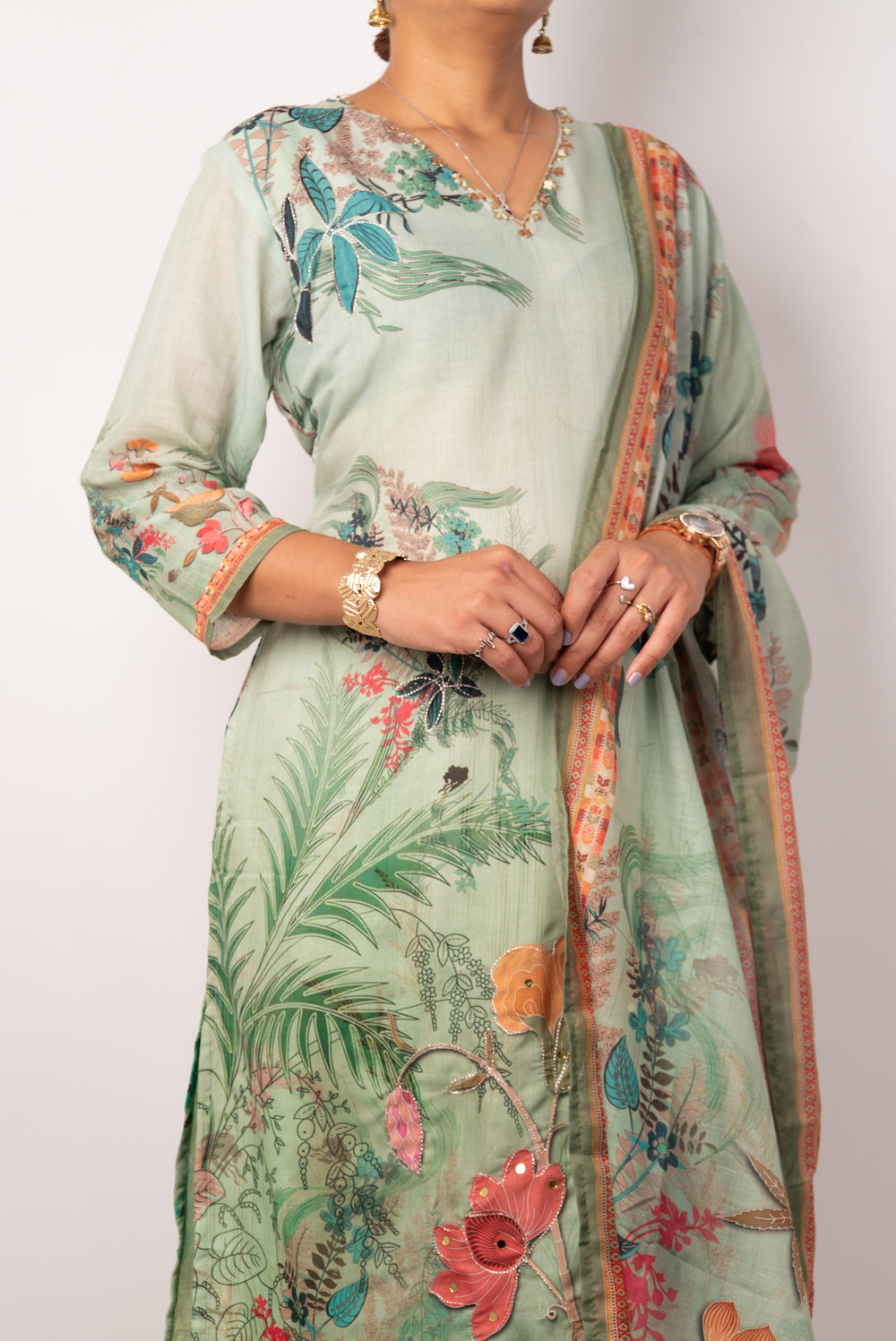 Sage Green Botanical Print Kurta Set