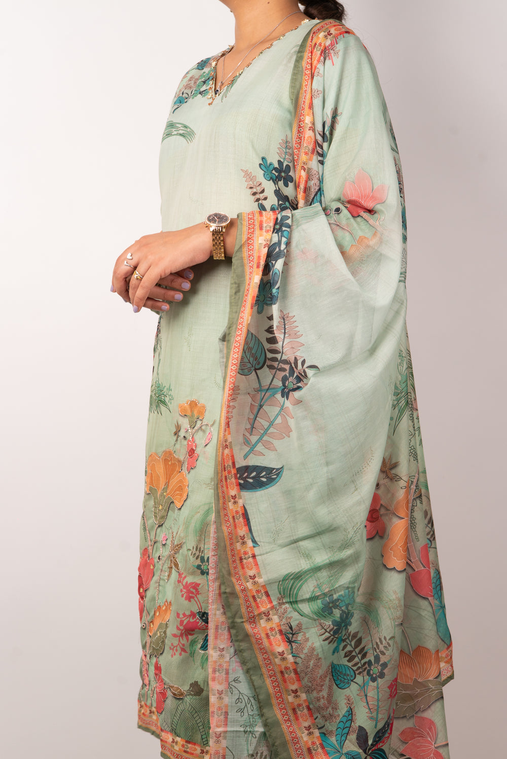 Sage Green Botanical Print Kurta Set