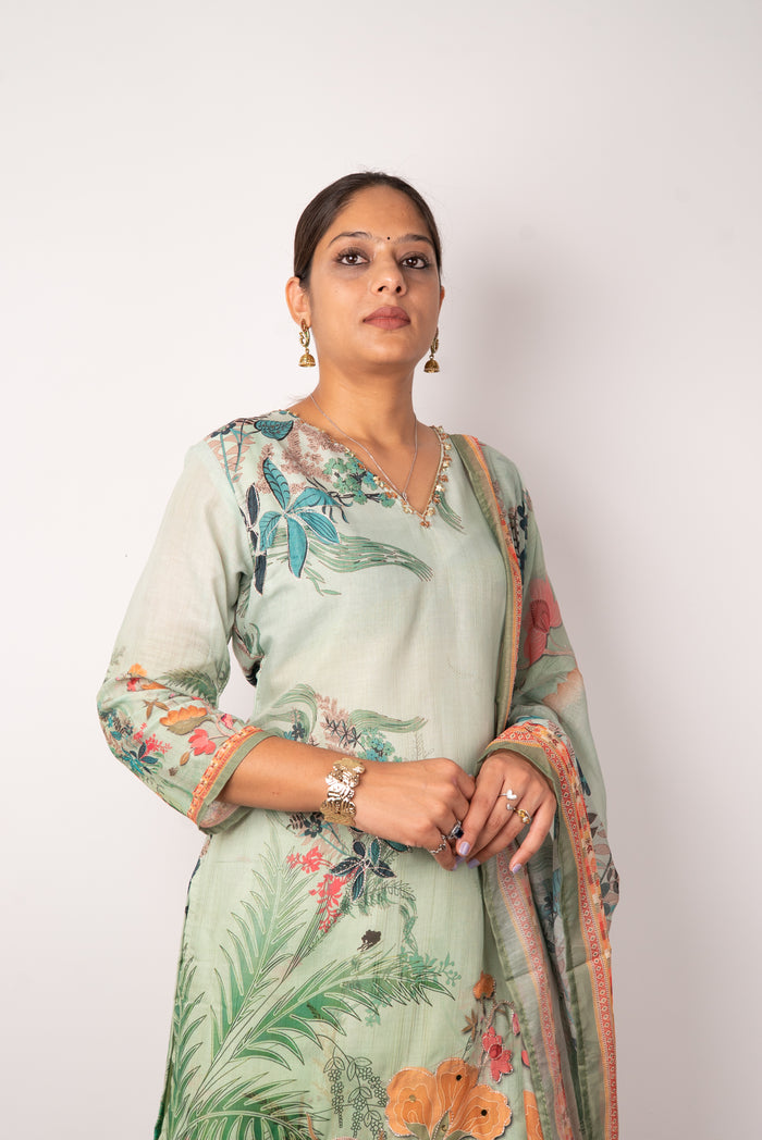 Sage Green Botanical Print Kurta Set