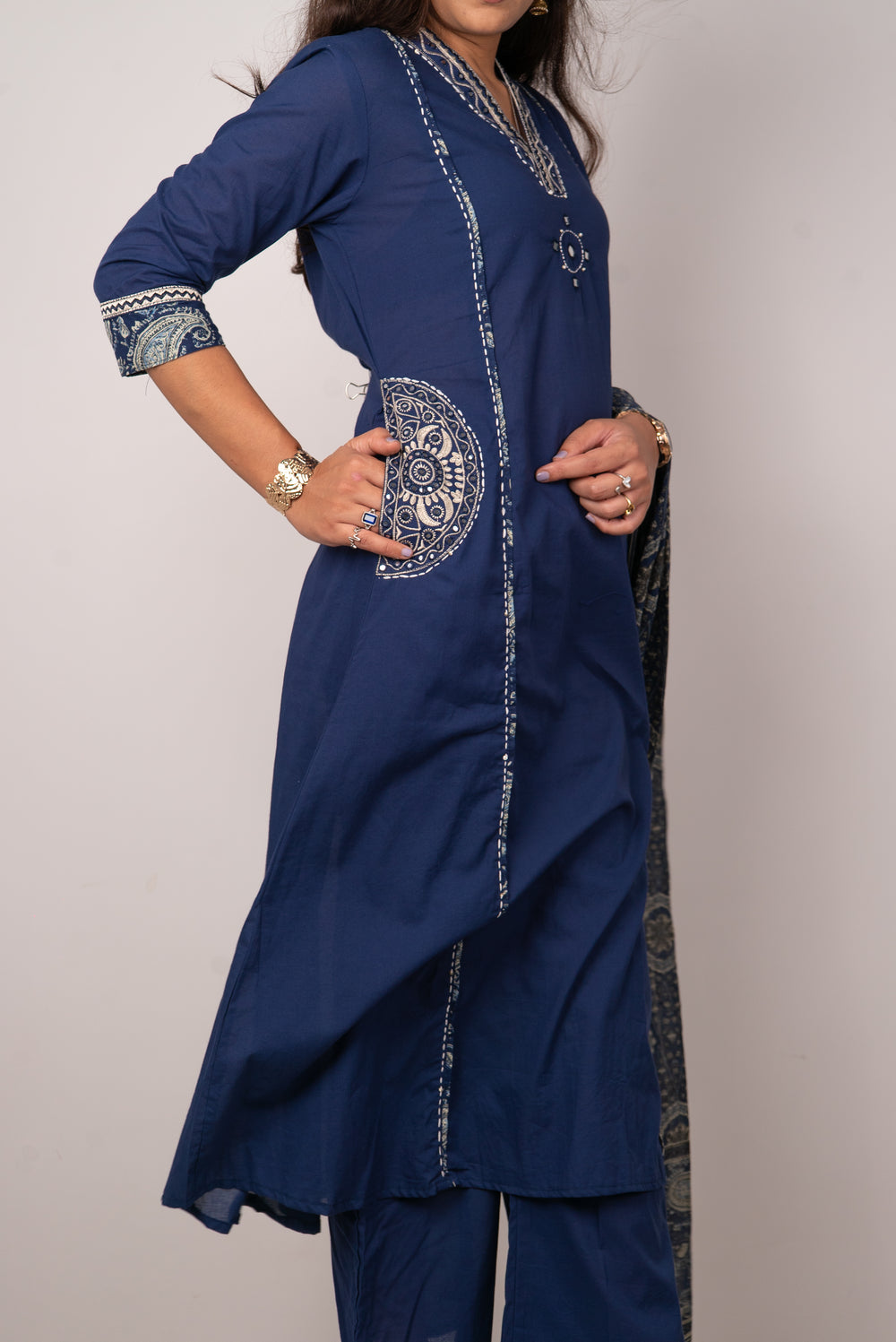 Indigo Kurta Set with Mirror-Work Medallion