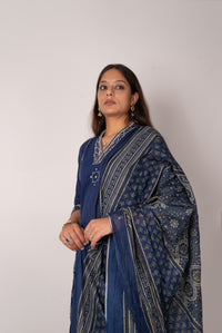 Indigo Kurta Set with Mirror-Work Medallion