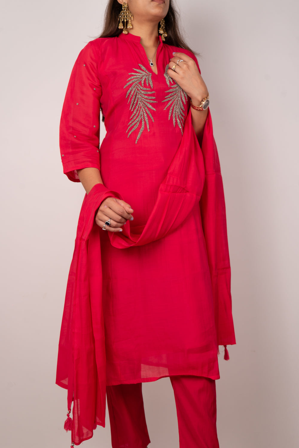 Coral Red Kurta Set with Beaded Leaf Embroidery