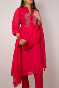 Coral Red Kurta Set with Beaded Leaf Embroidery