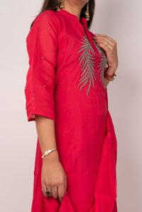 Coral Red Kurta Set with Beaded Leaf Embroidery