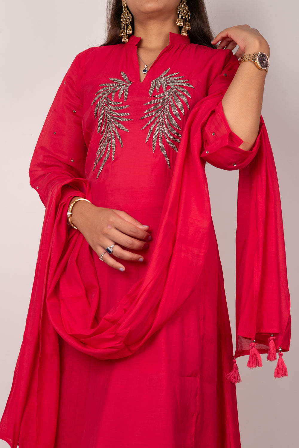 Coral Red Kurta Set with Beaded Leaf Embroidery