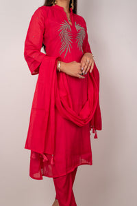Coral Red Kurta Set with Beaded Leaf Embroidery