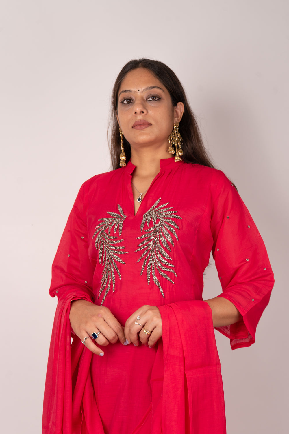 Coral Red Kurta Set with Beaded Leaf Embroidery