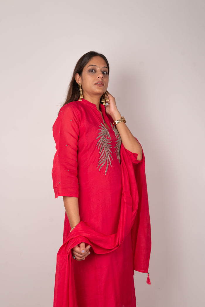 Coral Red Kurta Set with Beaded Leaf Embroidery