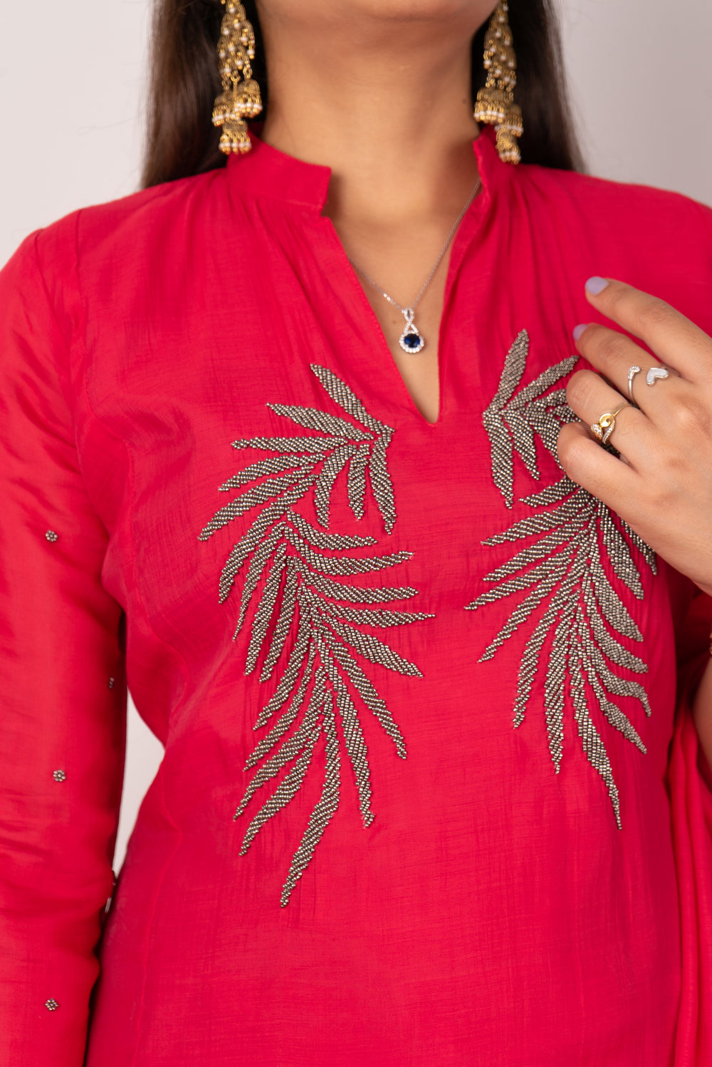 Coral Red Kurta Set with Beaded Leaf Embroidery