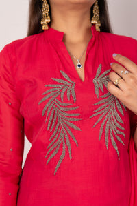 Coral Red Kurta Set with Beaded Leaf Embroidery