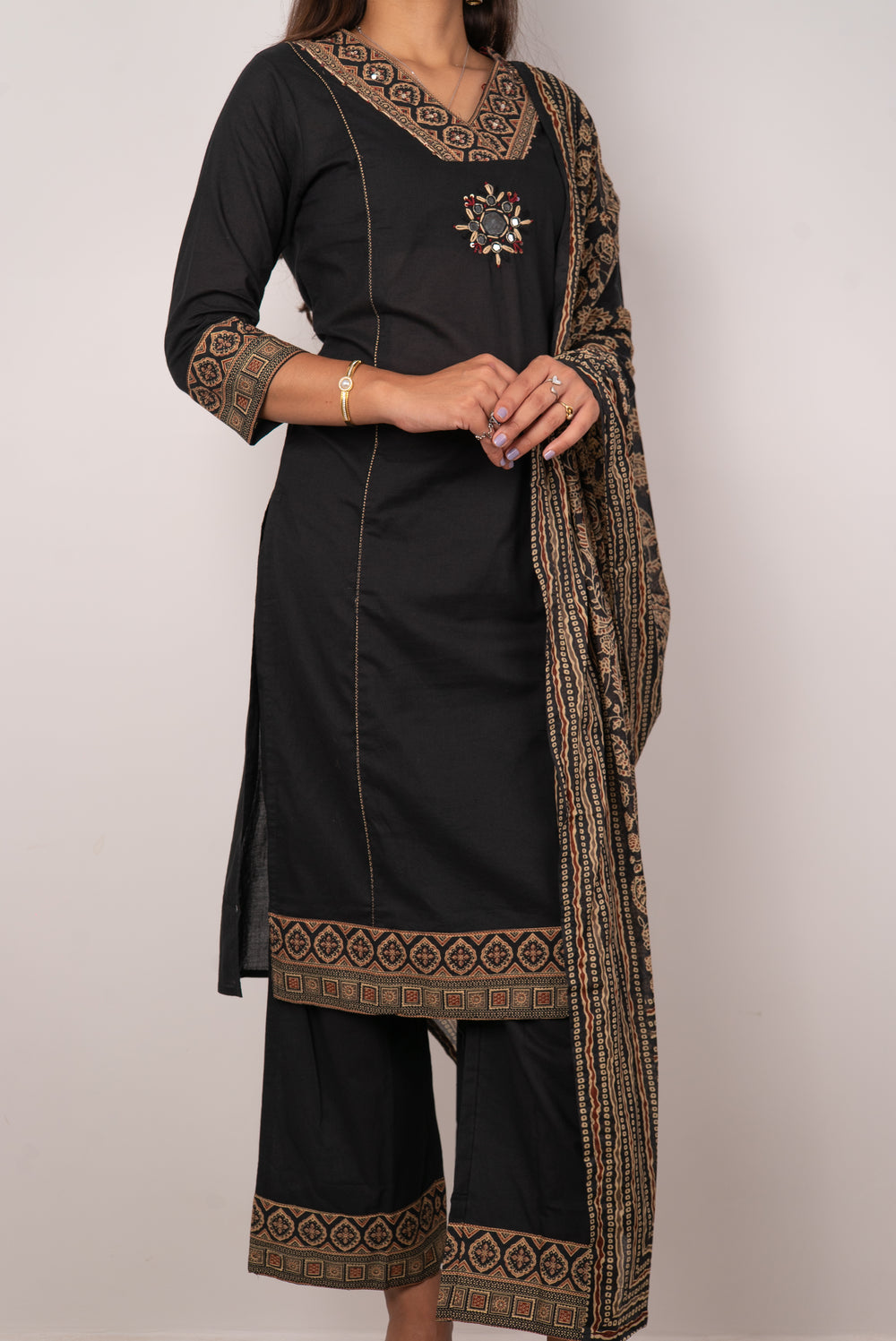 Black Kurta Set with Mirror Medallion &amp; Block Print Dupatta
