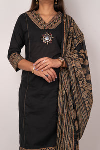 Black Kurta Set with Mirror Medallion &amp; Block Print Dupatta