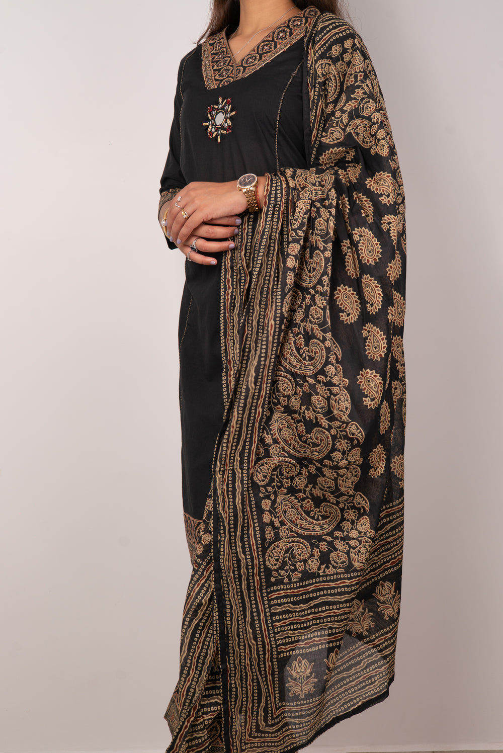 Black Kurta Set with Mirror Medallion &amp; Block Print Dupatta