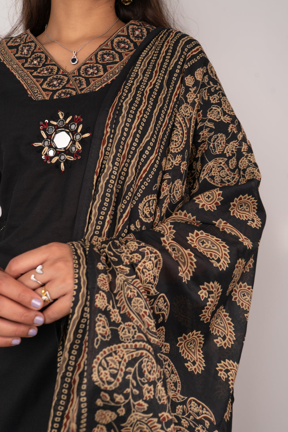 Black Kurta Set with Mirror Medallion &amp; Block Print Dupatta