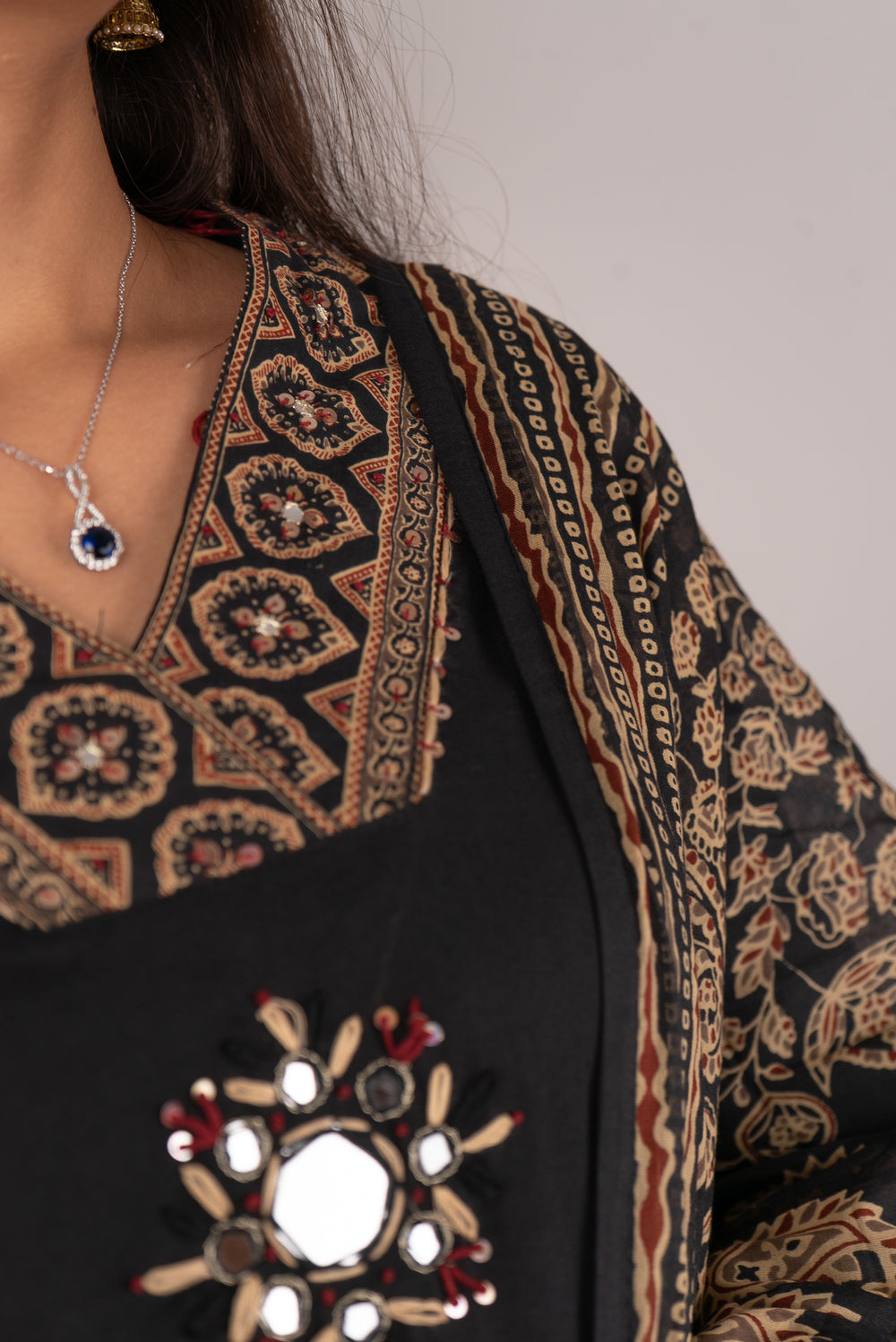 Black Kurta Set with Mirror Medallion &amp; Block Print Dupatta