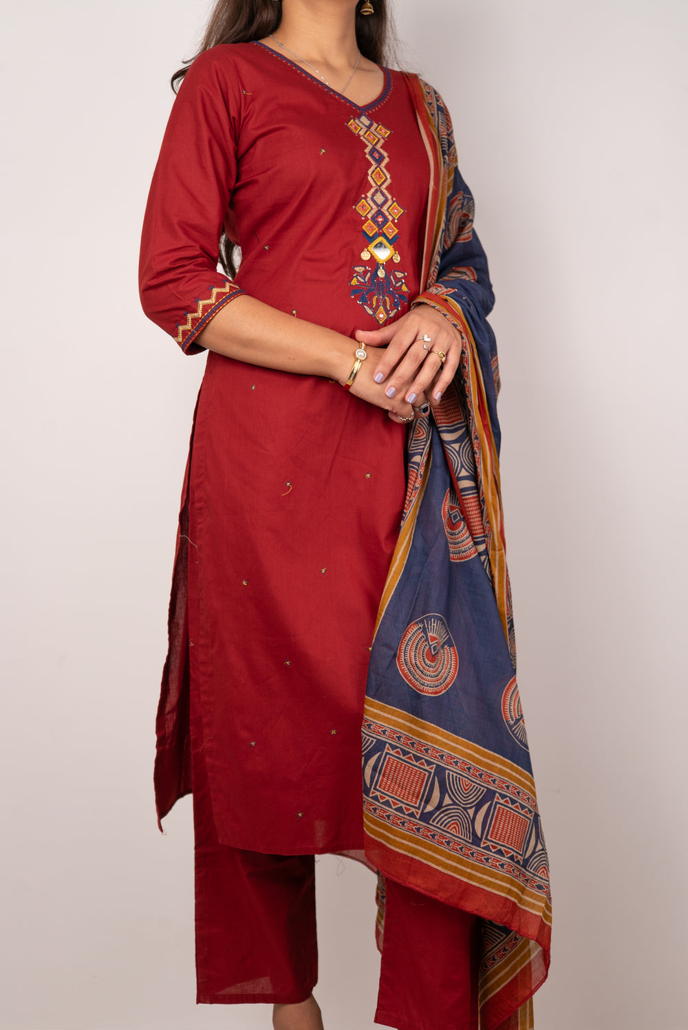 Maroon Kurta Set with Mirror &amp; Coin Embroidered Placket