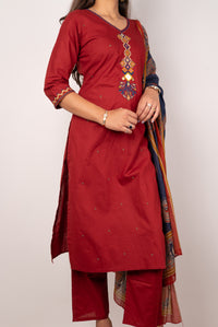 Maroon Kurta Set with Mirror &amp; Coin Embroidered Placket