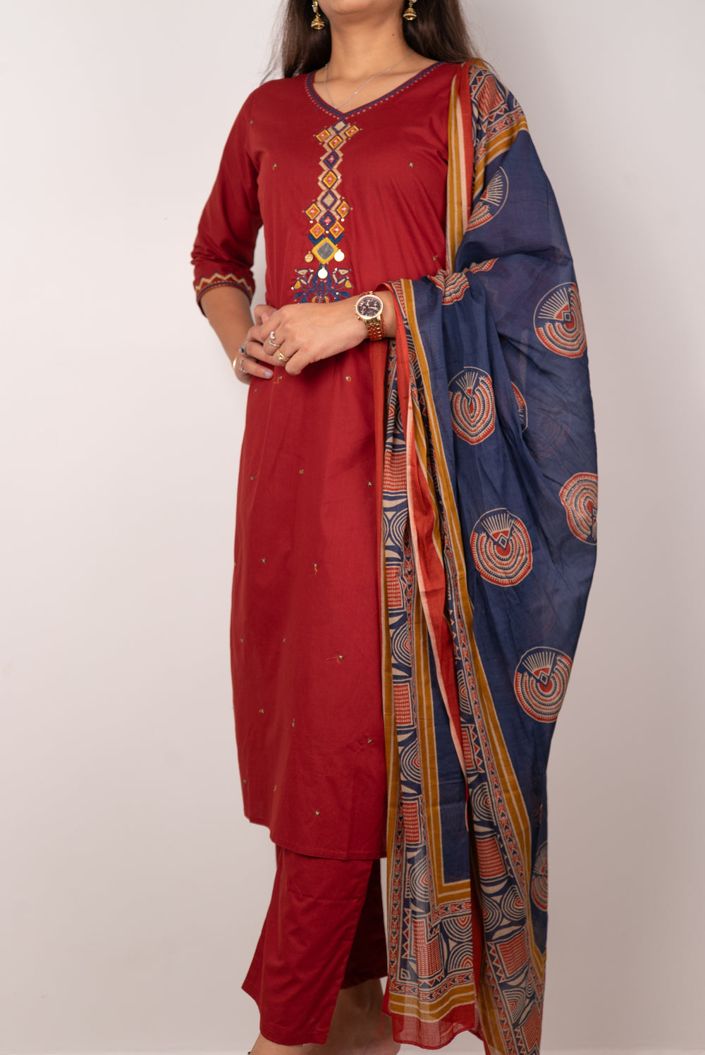 Maroon Kurta Set with Mirror &amp; Coin Embroidered Placket