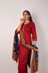 Maroon Kurta Set with Mirror &amp; Coin Embroidered Placket