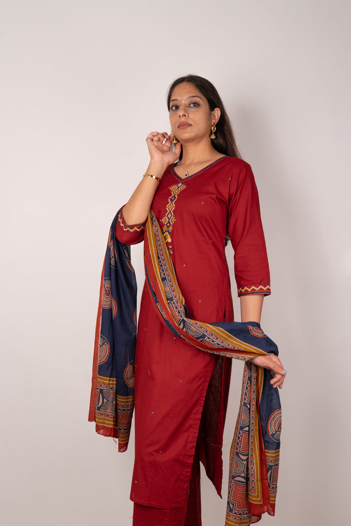 Maroon Kurta Set with Mirror &amp; Coin Embroidered Placket