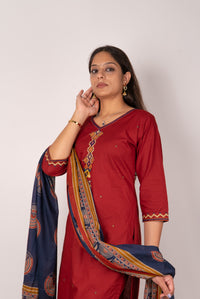 Maroon Kurta Set with Mirror &amp; Coin Embroidered Placket