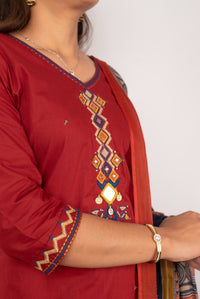 Maroon Kurta Set with Mirror &amp; Coin Embroidered Placket