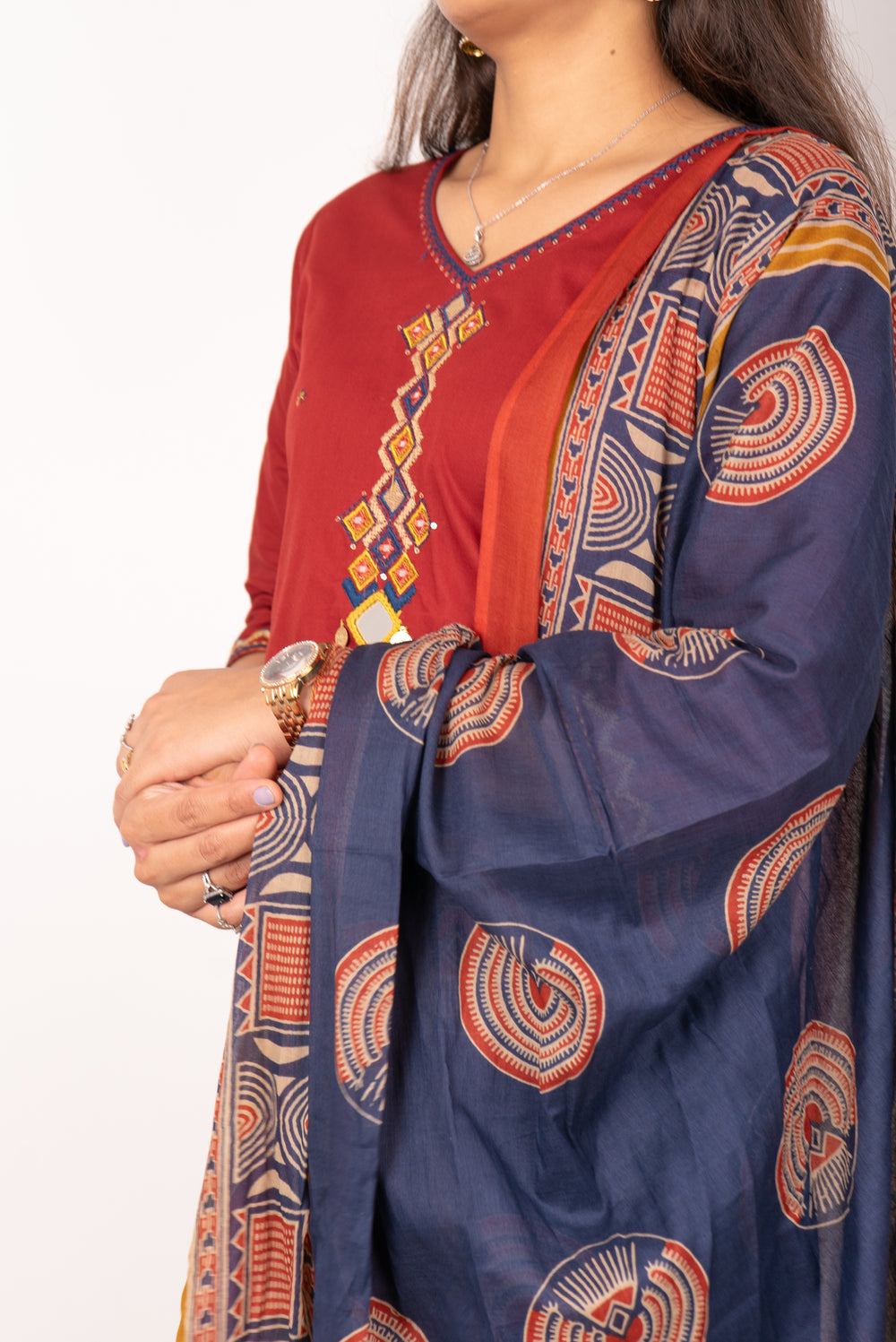 Maroon Kurta Set with Mirror &amp; Coin Embroidered Placket