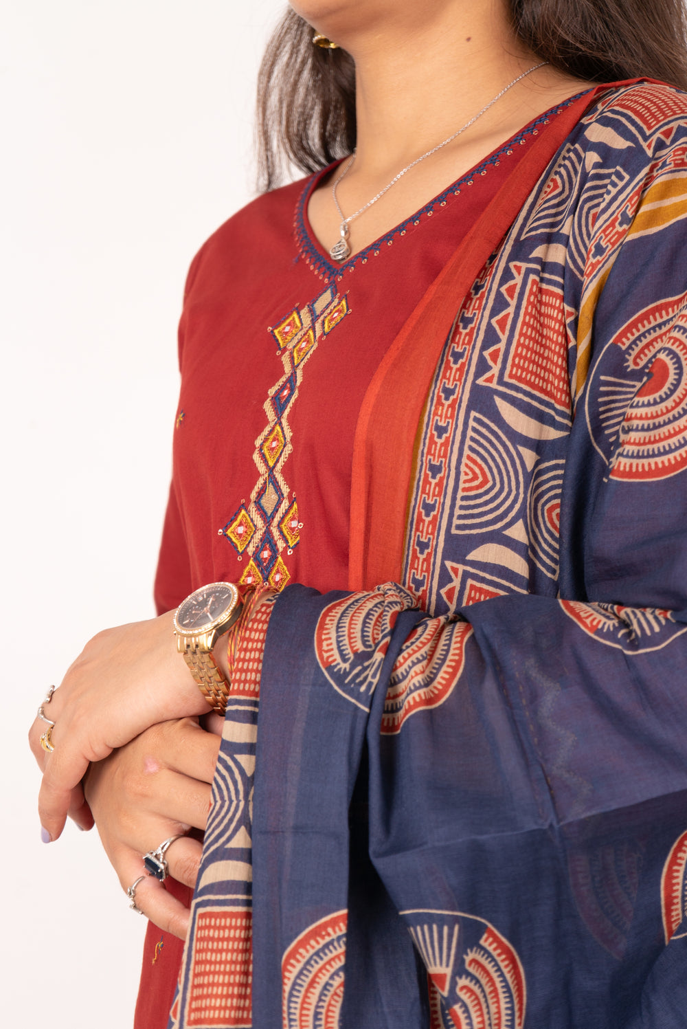 Maroon Kurta Set with Mirror &amp; Coin Embroidered Placket