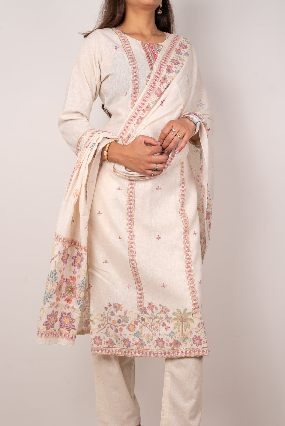 Ivory Kurta Set with Kashmiri Floral Embroidery