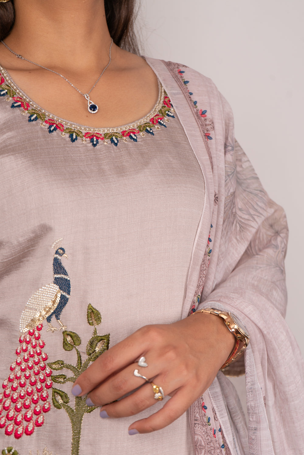 Mauve Kurta Set with Pichwai Peacock Embroidery