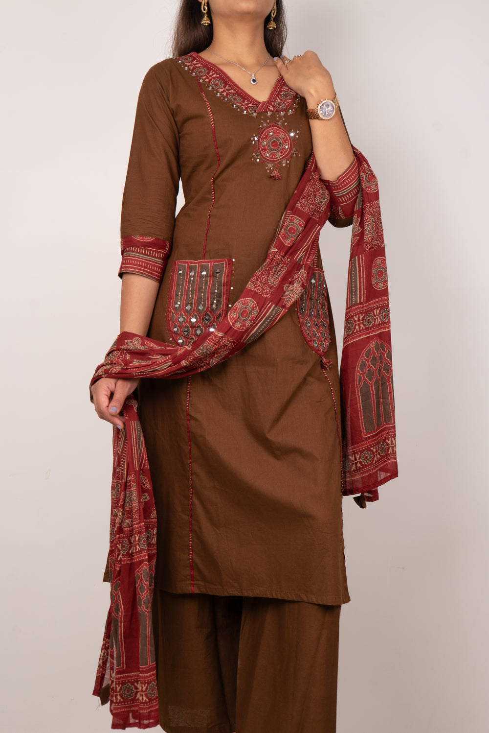 Chocolate Brown Kurta Set with Mirror-Work Pockets