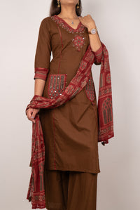 Chocolate Brown Kurta Set with Mirror-Work Pockets
