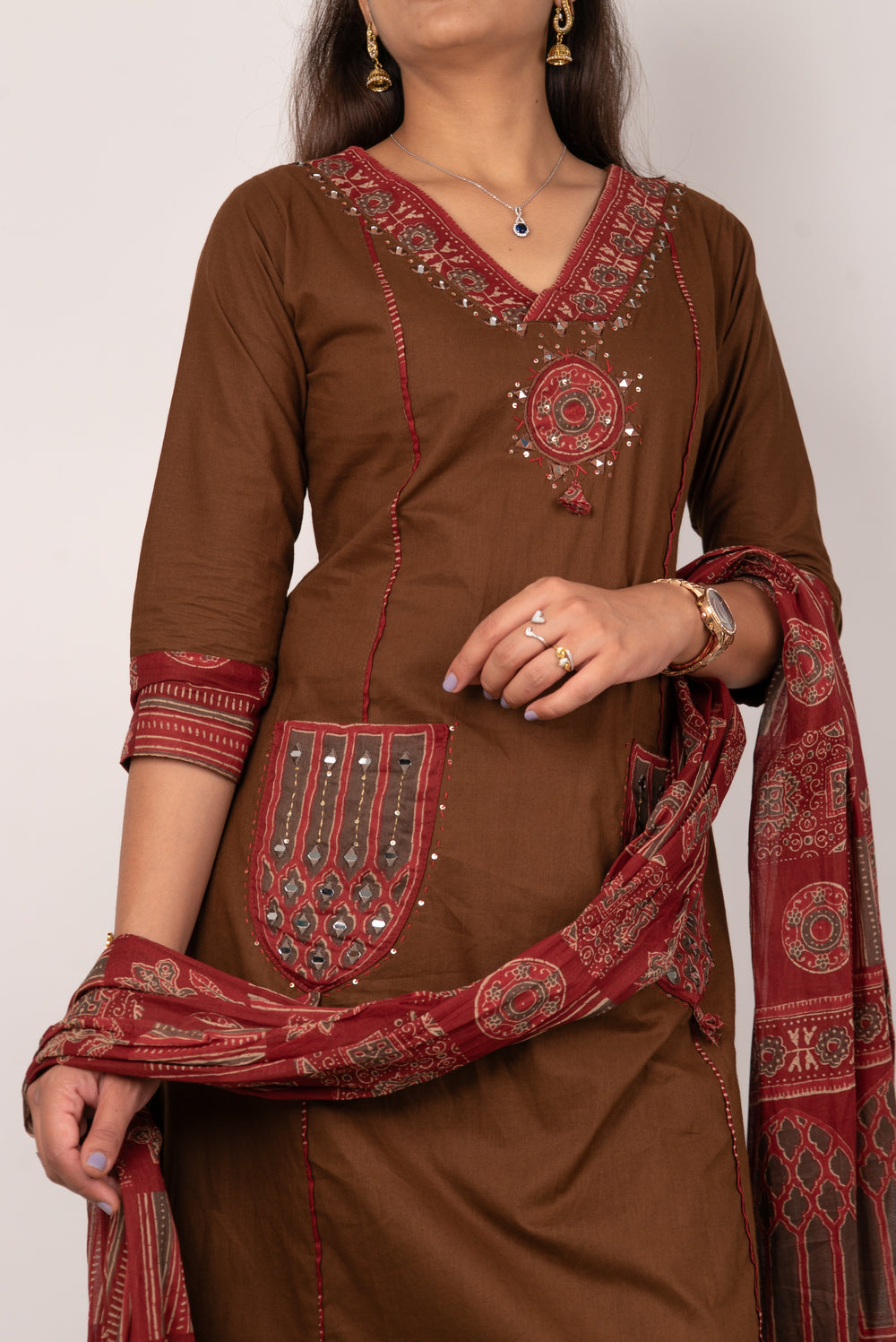 Chocolate Brown Kurta Set with Mirror-Work Pockets