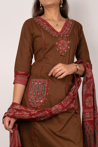 Chocolate Brown Kurta Set with Mirror-Work Pockets