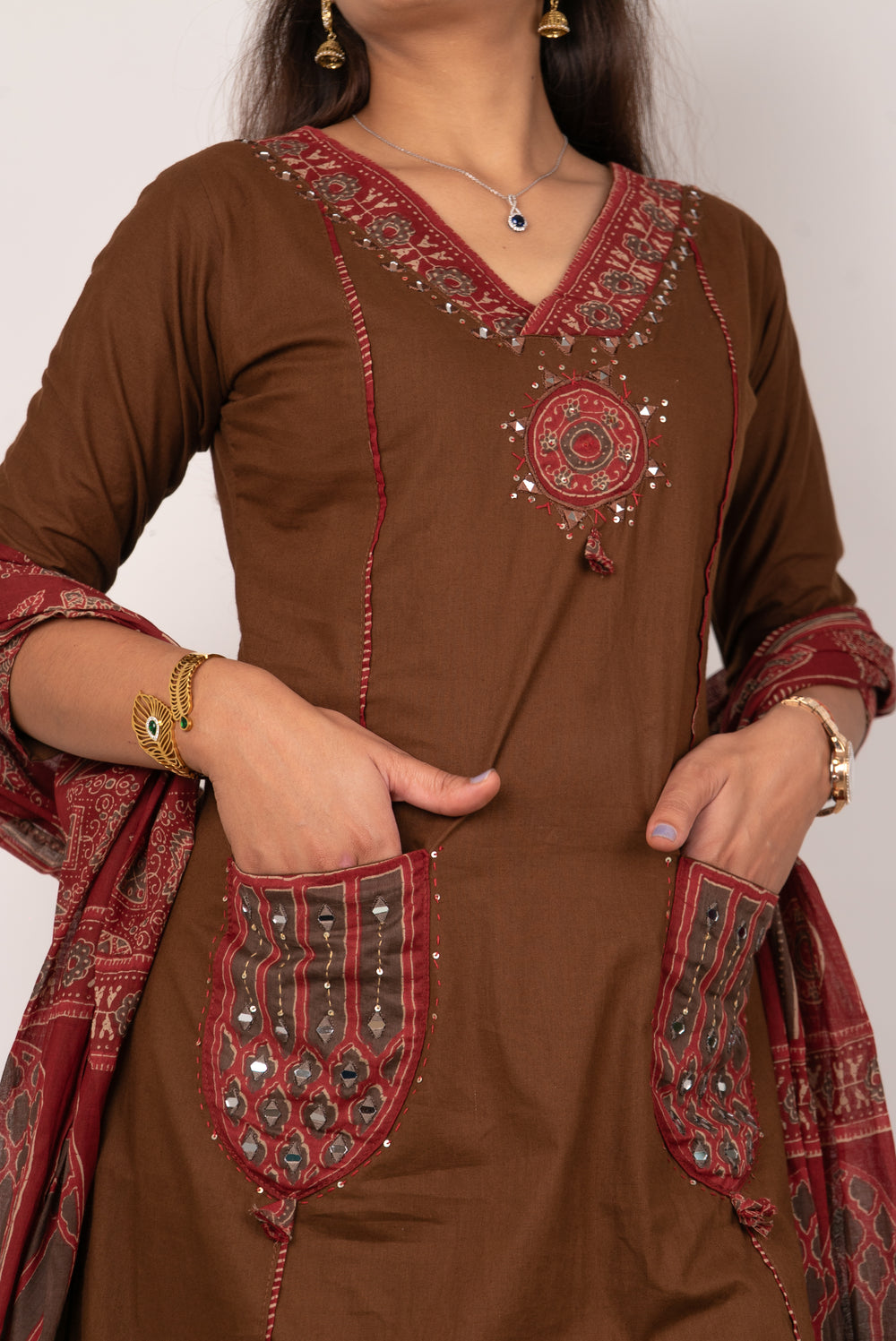 Chocolate Brown Kurta Set with Mirror-Work Pockets