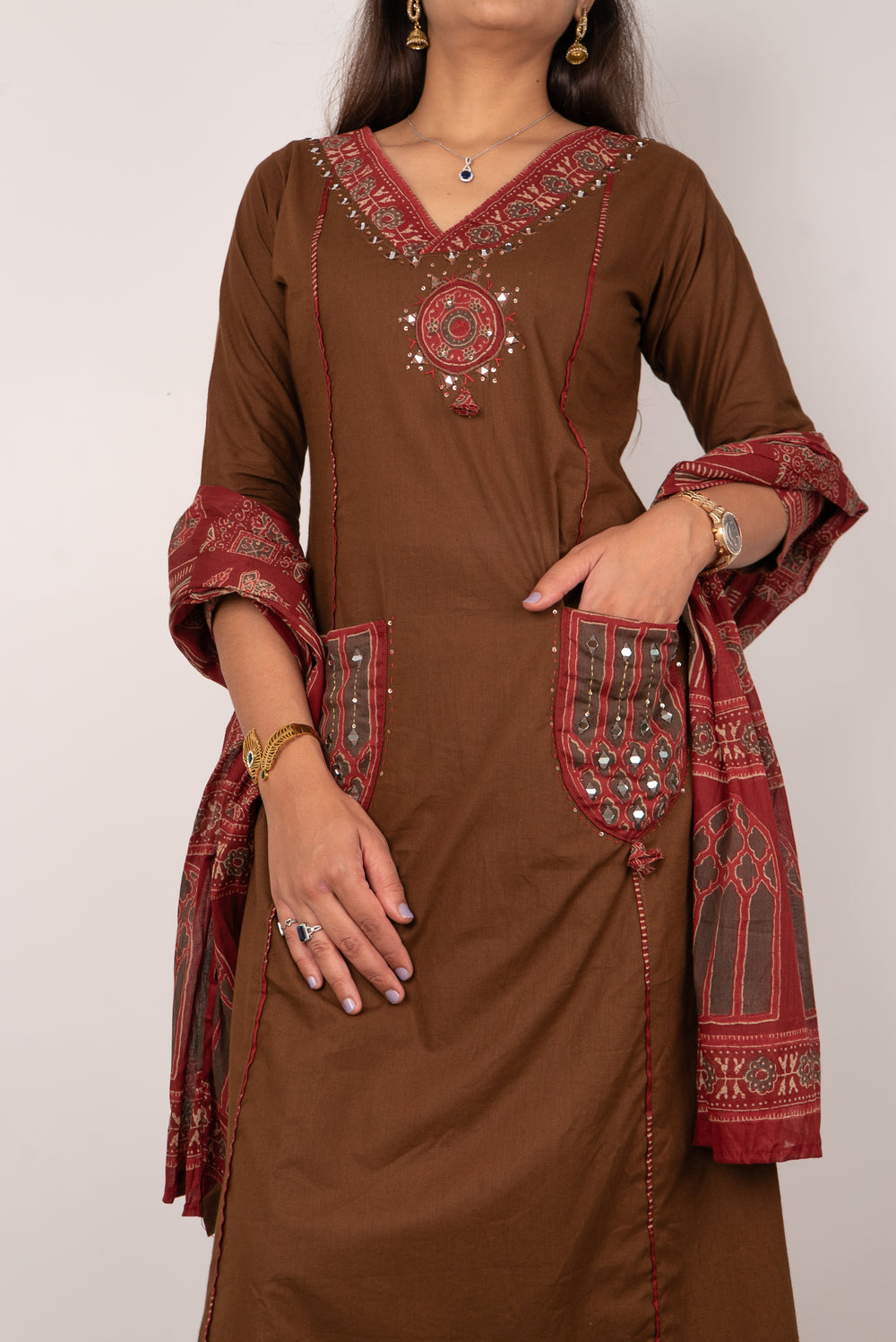 Chocolate Brown Kurta Set with Mirror-Work Pockets