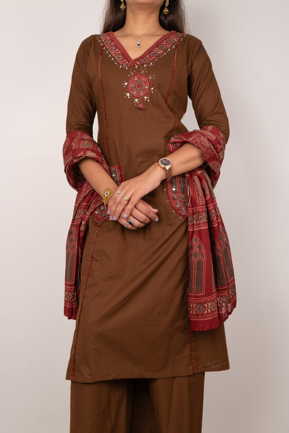 Chocolate Brown Kurta Set with Mirror-Work Pockets