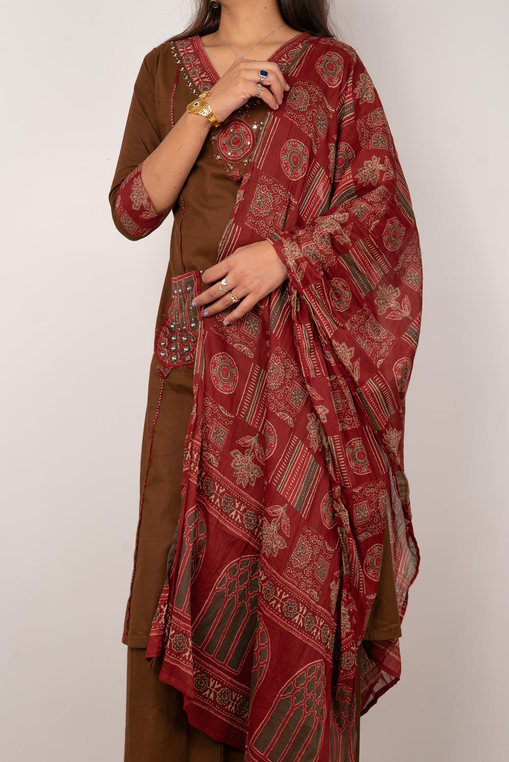 Chocolate Brown Kurta Set with Mirror-Work Pockets