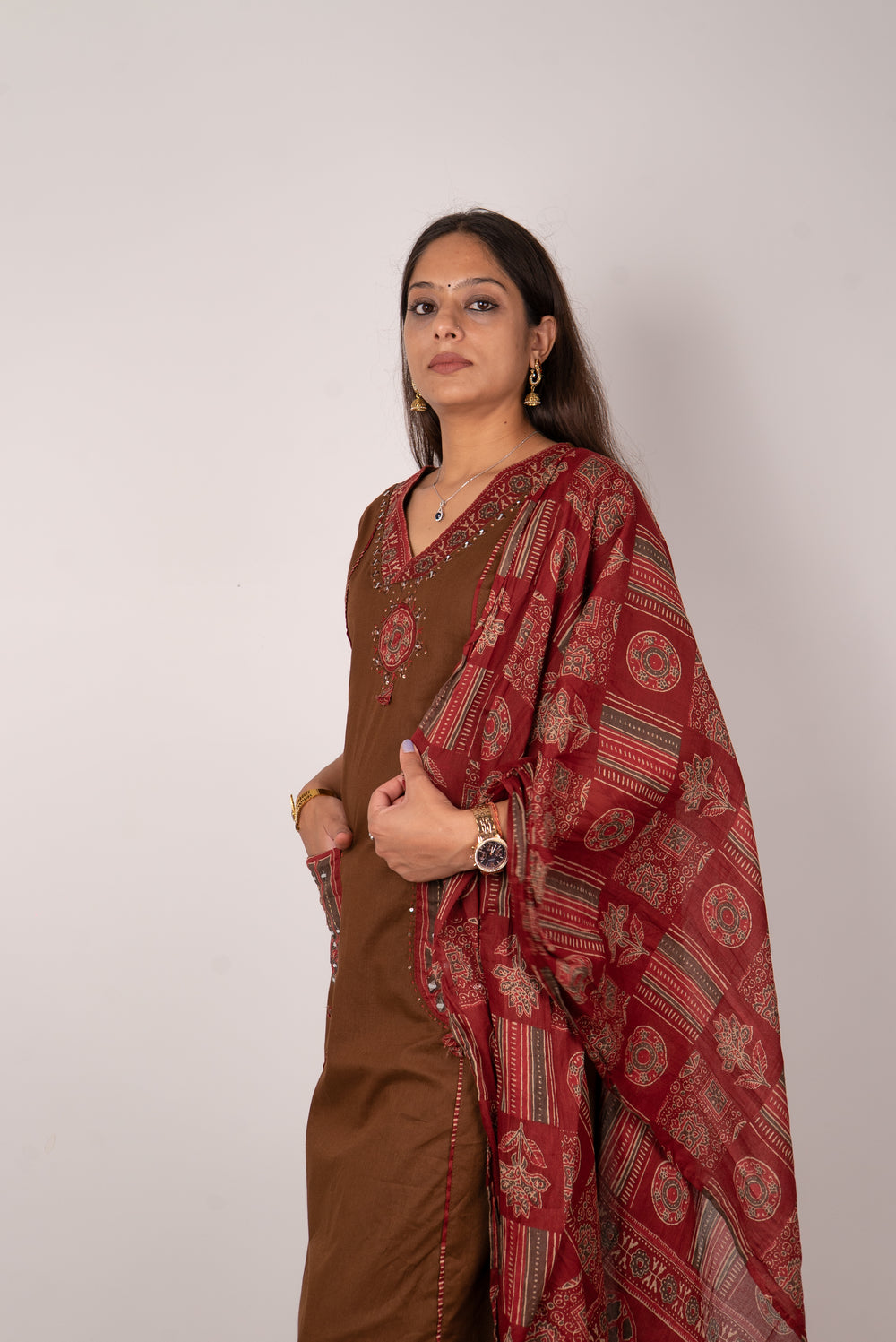 Chocolate Brown Kurta Set with Mirror-Work Pockets