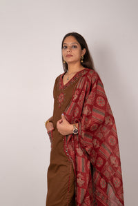 Chocolate Brown Kurta Set with Mirror-Work Pockets