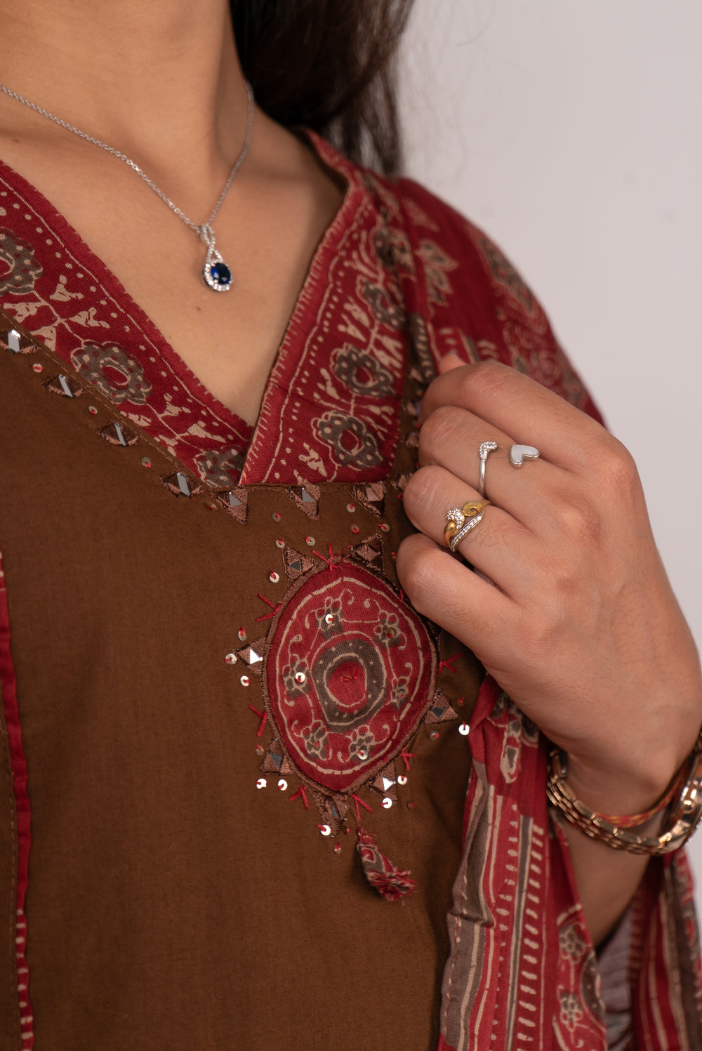 Chocolate Brown Kurta Set with Mirror-Work Pockets
