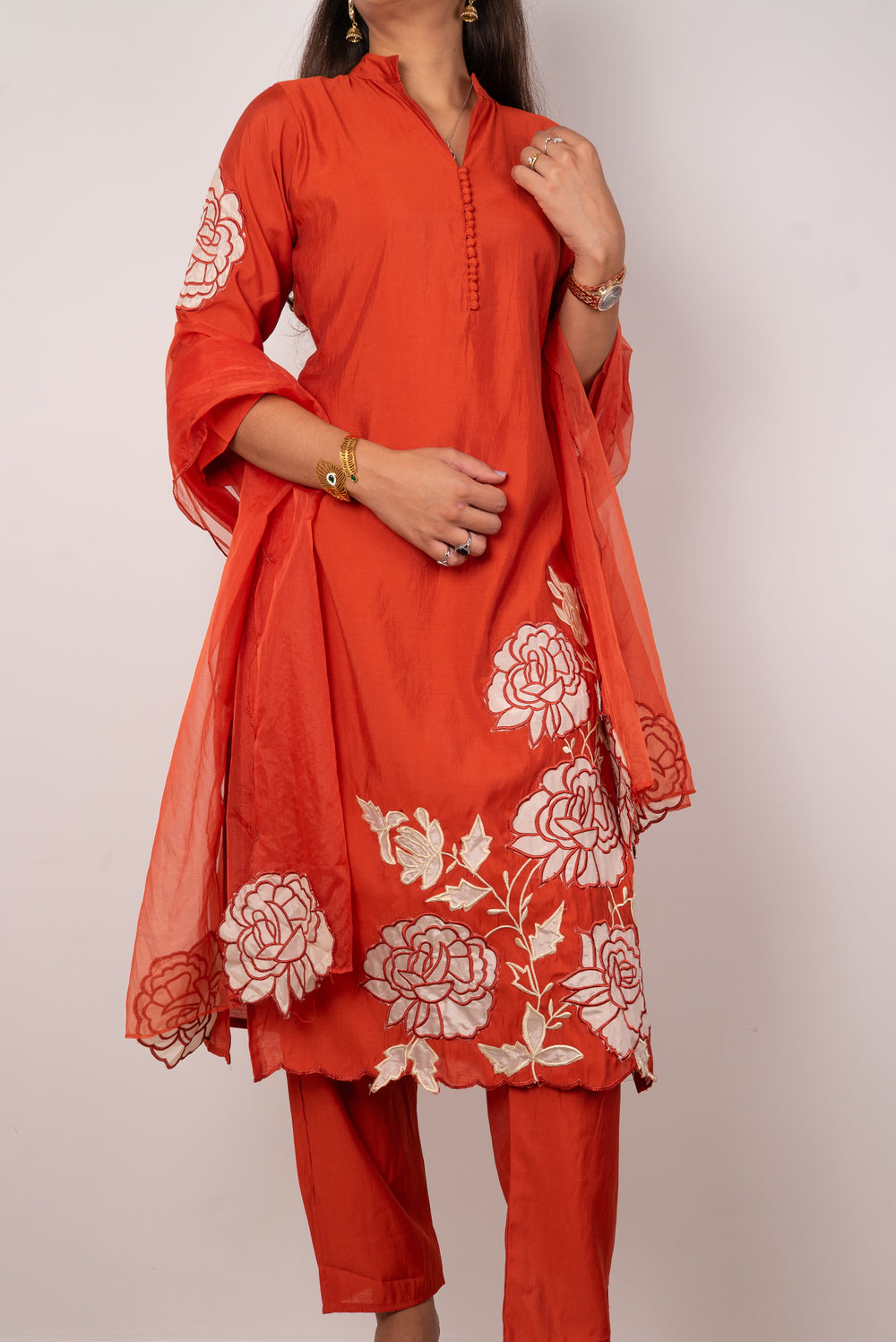Rust Orange Kurta Set with Rose Appliqué