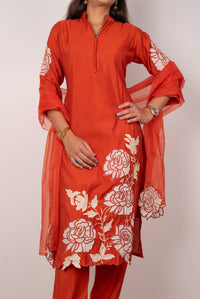 Rust Orange Kurta Set with Rose Appliqué