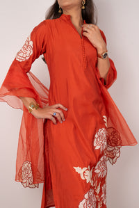 Rust Orange Kurta Set with Rose Appliqué