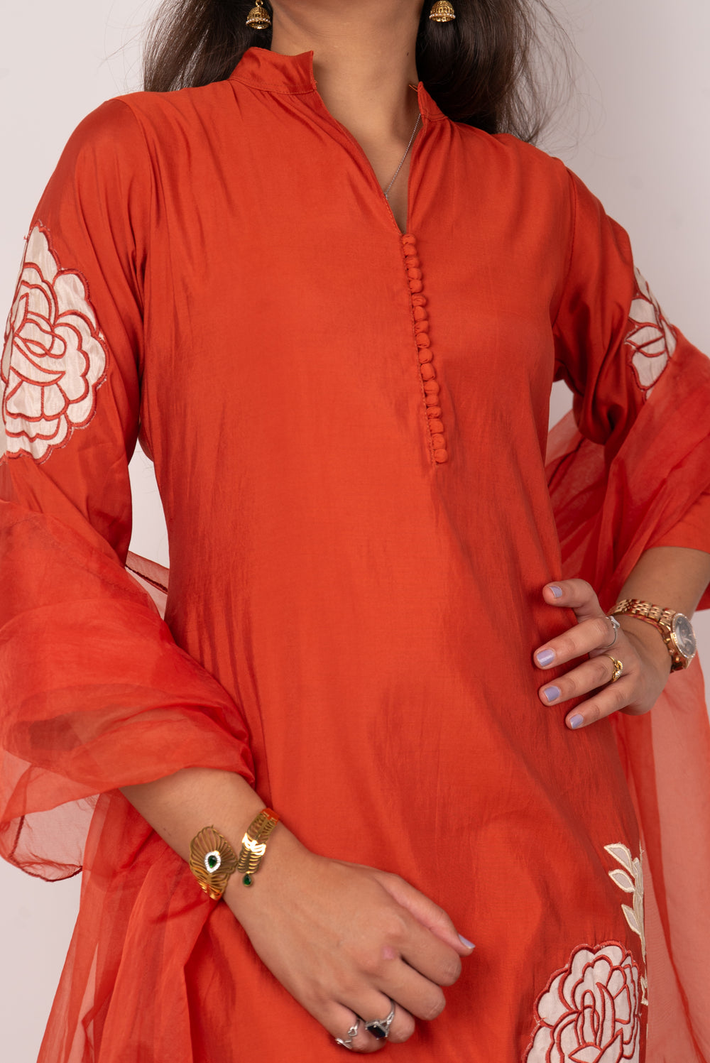 Rust Orange Kurta Set with Rose Appliqué