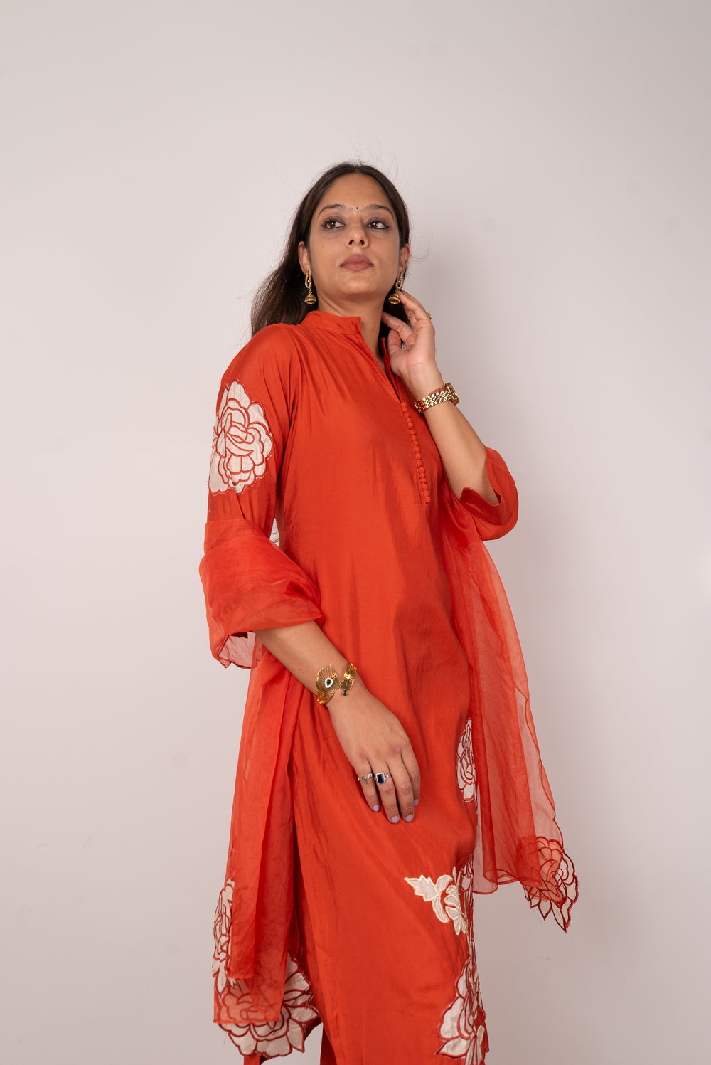 Rust Orange Kurta Set with Rose Appliqué