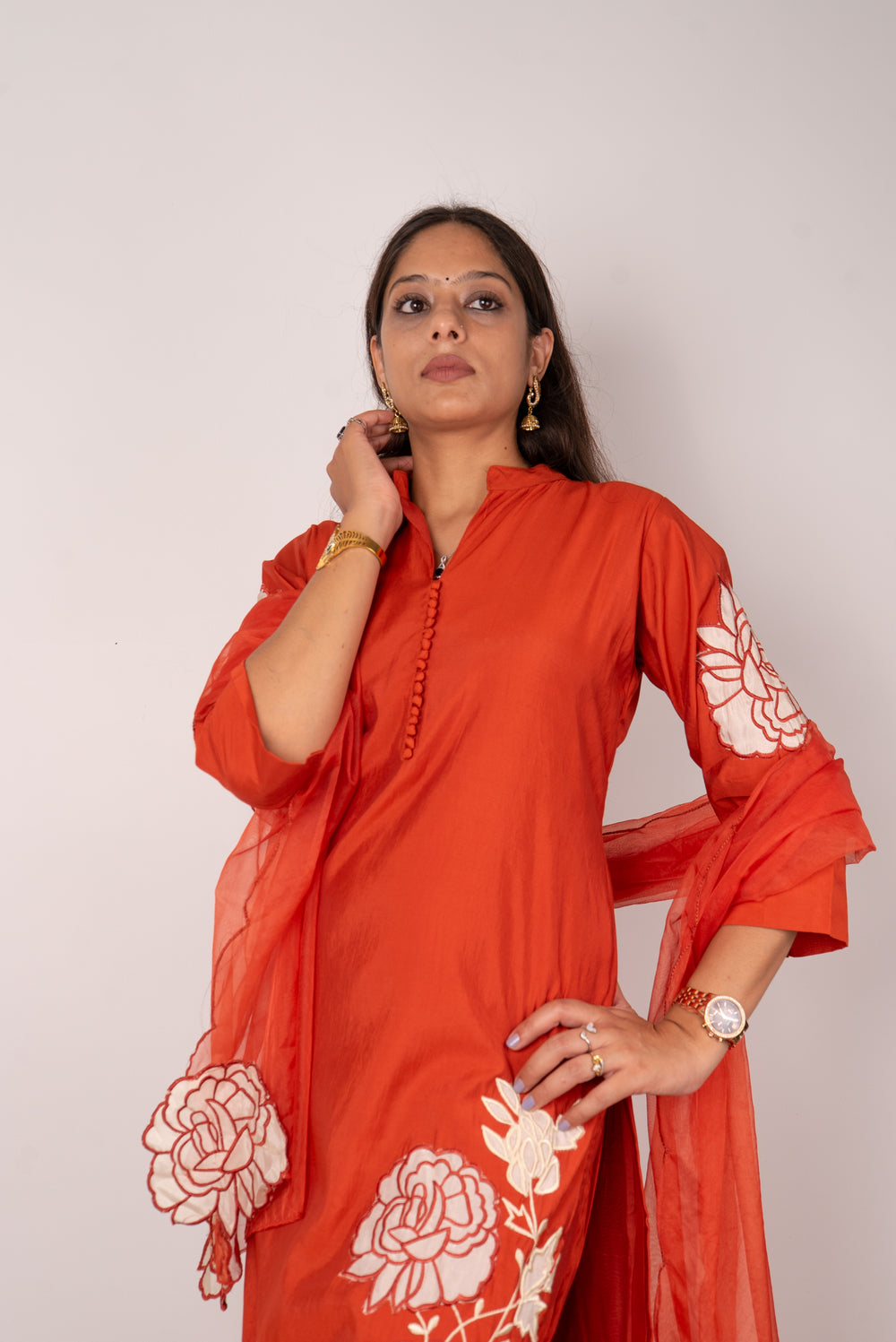 Rust Orange Kurta Set with Rose Appliqué