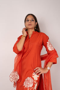 Rust Orange Kurta Set with Rose Appliqué